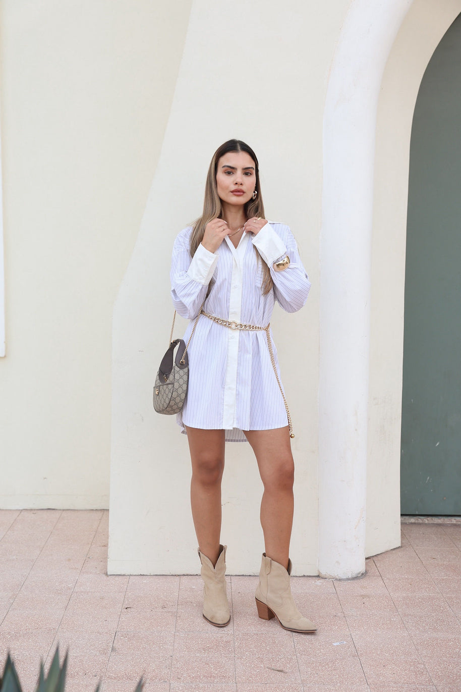 שמלה מכופתרת פסים לבן -נשים