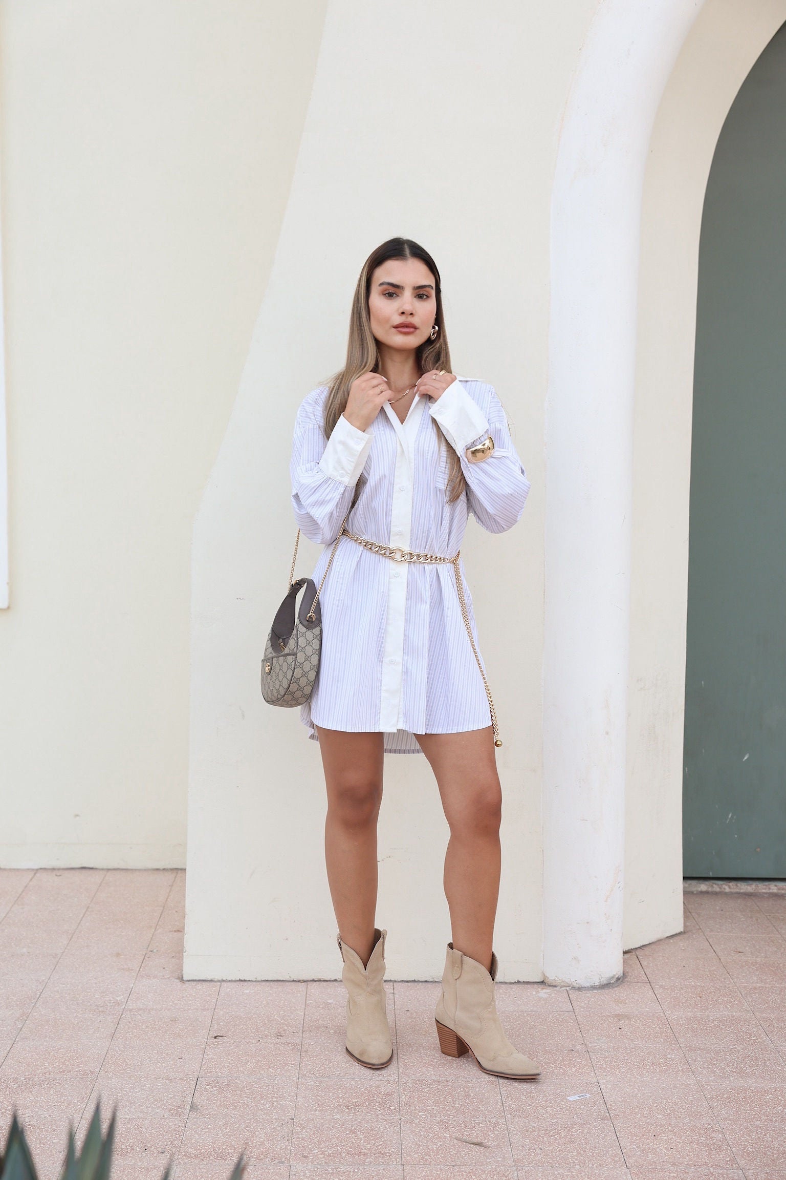 שמלה מכופתרת פסים לבן -נשים