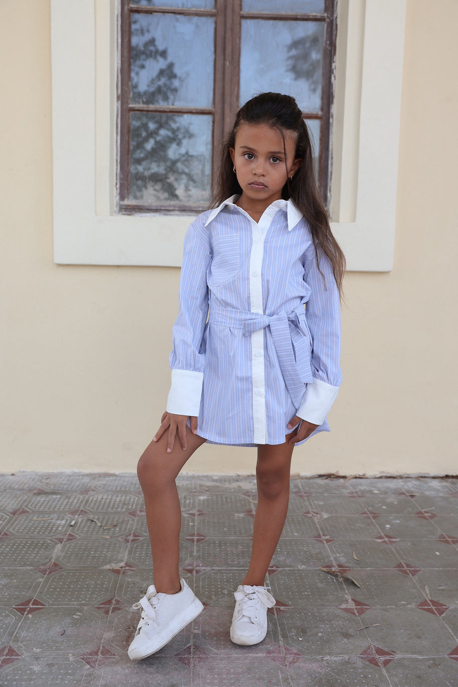 שמלה מכופתרת פסים תכלת- ילדות